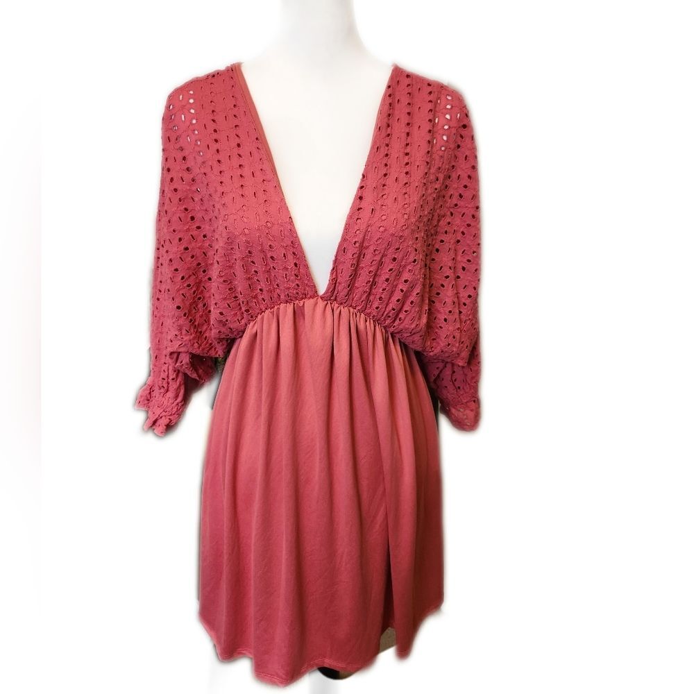 Ninexis Everyday Dreams Eyelet Dress, Deep V-Neck, Coral Pink, L